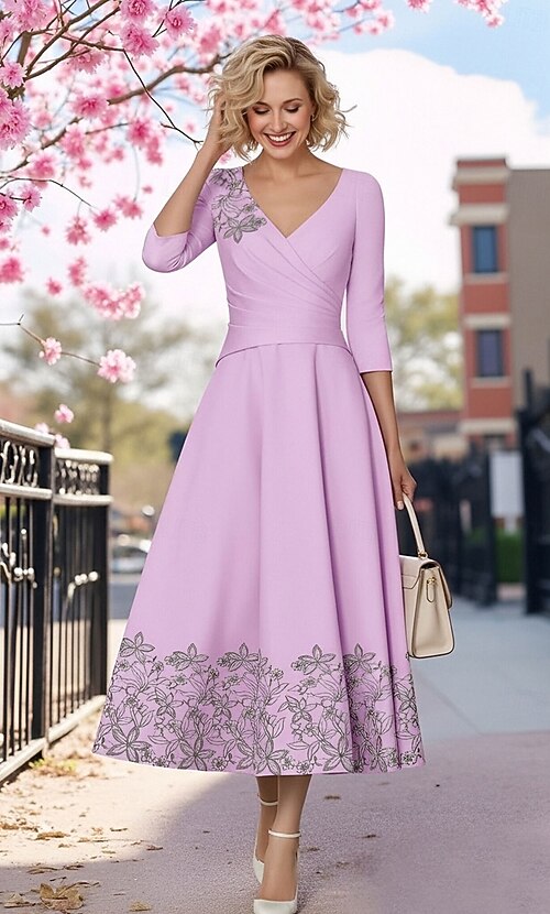 A-Line Dress Tea Length Beaded Eembroidered Party Dress Cocktail Dress  Mother of the Bride Dress 3/4 Length Sleeve V Neck Elegant Simple Formal  Satin with Lace Ruched Sequin 2026 - 171.99