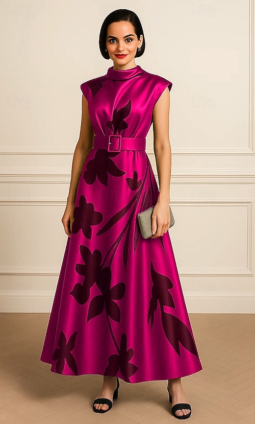 high neck semi formal dresses SHEIN Belle Women's Pink Jacquard Asymmetrical Neck Semi Formal Dress,Elegant High-Waisted A-Line Silhouette Umbrella Swing Prom Wedding Guest Homecoming Dress
