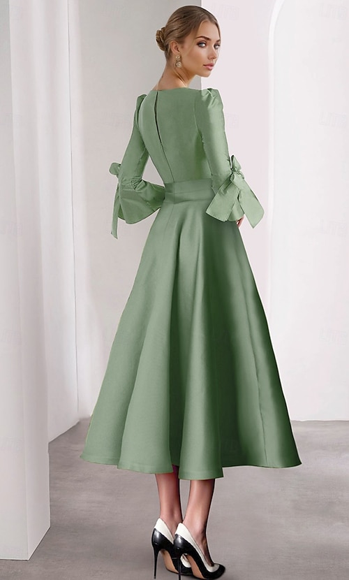 A-Line Tea Length Party Dress Cocktail Dress Wedding Guest Dress Mother of  the Bride Dress 3/4 Length Sleeve V Neck Elegant Formal Wedding Guest  Wedding Party Satin with Bow(s) Ruched Solid Color