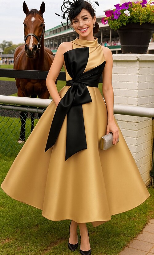 A-Line Ankle Length Derby Dress Mother of the Bride Dress Sleeveless Crew  Neck High Neck Elegant Kentucky Derby Satin with Bow(s) Color Block 2026 -  kr.1289