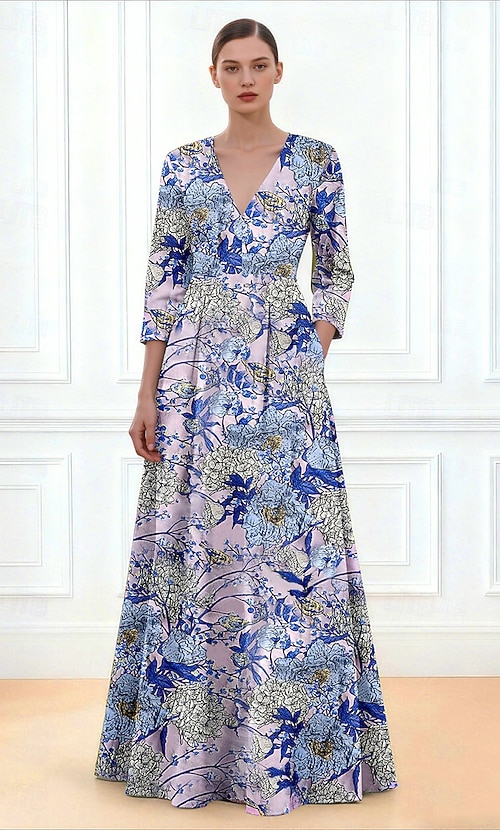 A-Line Floor Length Evening Gown Formal Dress Elegant Semi Formal Casual Daytime Wedding 3 4 Length Sleeve V Neck Garden Party Wedding Pocket Jacquard A-Line Floor Length Evening Gown Formal Dress Elegant Semi Formal Casual Daytime Wedding 3 4 Length Sleeve V Neck Garden Party Wedding Pocket Jacquard