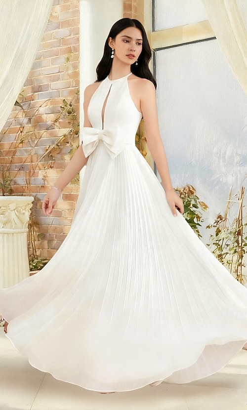 halter top chiffon wedding dresses ZAPAKA Women Ivory Sweep Train Long Wedding Dress with Slit A-Line Halter  Bridal Dress
