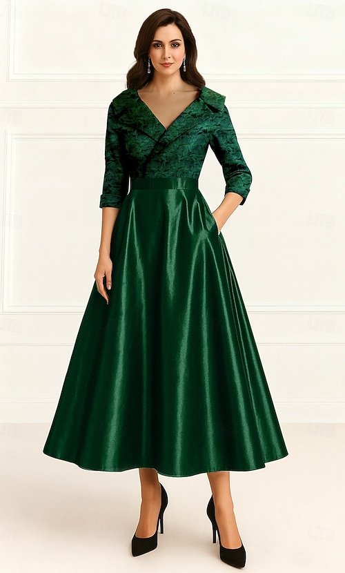 A-Line Tea Length Party Dress Cocktail Dress Wedding Guest Dress Mother of  the Bride Dress 3/4 Length Sleeve V Neck Elegant Formal Wedding Guest with  Side-Draped 2026 - kr.1589