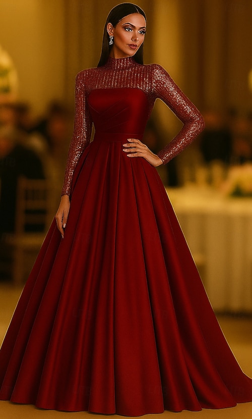 A-Line Floor Length Beaded Eembroidered Formal Dresses Mother of the Bride Dress  Evening Gown Formal Dress Elegant Glittering Long Sleeve High Neck Wedding  Formal Pocket Satin Sequined with Glitter 2026 - $206.99