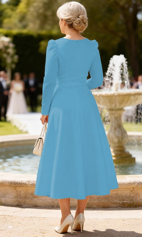 A-Line Tea Length Party Dress Cocktail Dress Wedding Guest Dress Mother of  the Bride Dress Long Sleeve Square Neck Elegant Wedding Guest Engagement  Party Holiday Stretch Fabric with Solid Color 2026 -