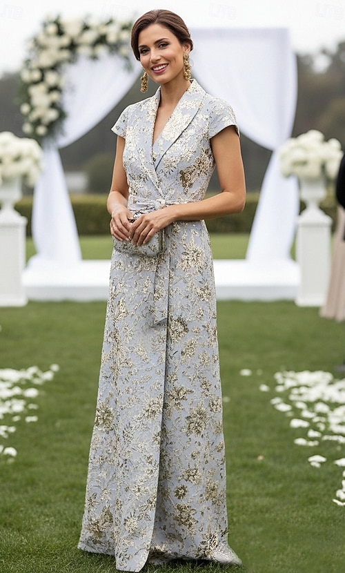 A-Line Floor Length Wedding Guest Dress Formal Dresses Evening Gown Mother  of the Bride Dress Short Sleeve V Neck Lapel Elegant Vintage Formal Wedding  Guest Jacquard with Bow(s) 2026 - $165.59