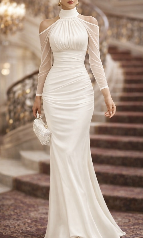 adding sleeves to a halter dress Sheath Column Floor Length Evening Gown Ball Gown Formal Elegant Silky Long Sleeve Neck Wedding Formal Satin Tulle with Ruched 2026 sizing:12.16.XXL