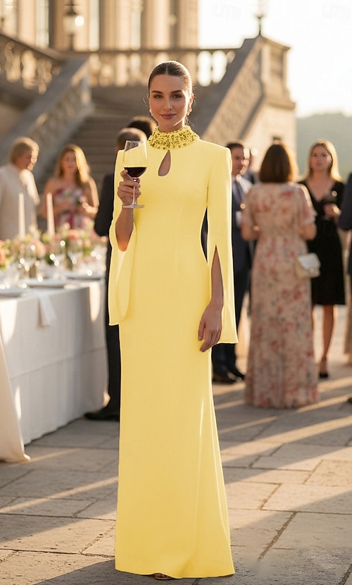 Sheath Column Floor Length Ball Gown with Cape Evening Gown Formal Dress  Elegant Celebrity Style Long Sleeve High Neck Garden Party Wedding Satin  with Glitter Shawl 2026 - JOD JD129.05