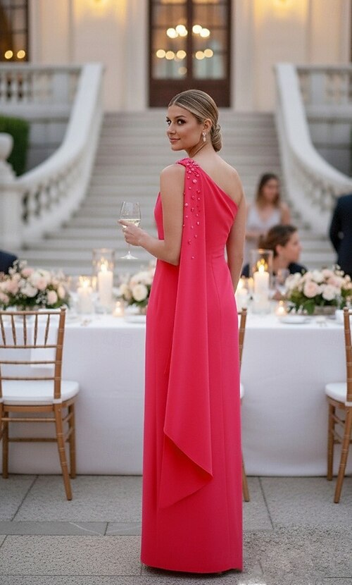 Sheath Column Floor Length Formal Dresses Evening Gown Cape Dress Evening Gown  Elegant Celebrity Style Sleeveless One Shoulder Garden Party Wedding  Stretch Crepe with Beaded Pleats 2026 - $139.99