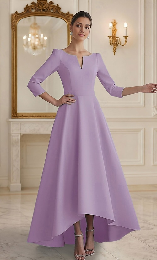 A-Line Asymmetrical Ankle Length Party Dress Cocktail Dress Wedding Guest Dress  Mother of the Bride Dress 3/4 Length Sleeve V Neck Elegant Vintage Formal  Stretch Satin with Flower Solid Color 2026 -