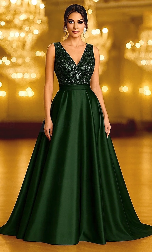A-Line Floor Length Beaded Eembroidered Formal Dresses Mother of the Bride Dress  Evening Gown Ball Gown Formal Dress Elegant Vintage Glittering Sleeveless V  Neck Wedding Formal Pocket Satin Velvet 2026 - NZ