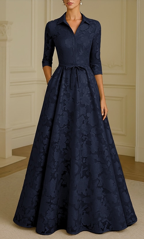 formal shirt dress A-Line Floor Length Dresses Evening Gown Mother of the Bride Dress Long Sleeve Shirt Collar Elegant Vintage Formal Satin Jacquard with Bow(s) Flower 2026 Material: Cotton