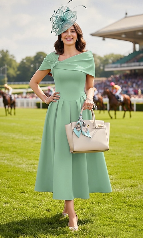A-Line Tea Length Derby Dress Mother of the Bride Dress Short Sleeve Cowl  Neck Elegant Vintage Kentucky Derby Satin with Ruching Solid Color 2026 -  $160.99