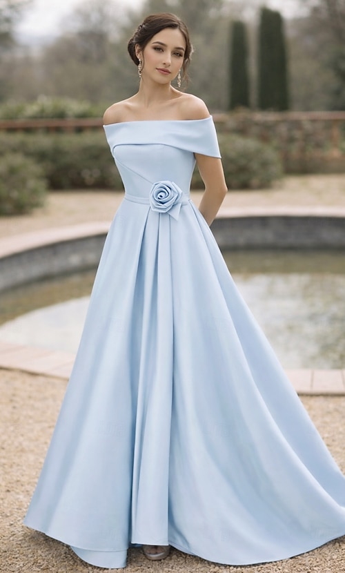 A-Line Floor Length Evening Gown Ball Gown Formal Dress Elegant Silky Sleeveless Off Shoulder Wedding Formal Satin with Embroidered Flower 2026 - NZ $264.79 A-Line Floor Length Evening Gown Ball Gown Formal Dress Elegant Silky Sleeveless Off Shoulder Wedding Formal Satin with Embroidered Flower 2026 - NZ $264.79