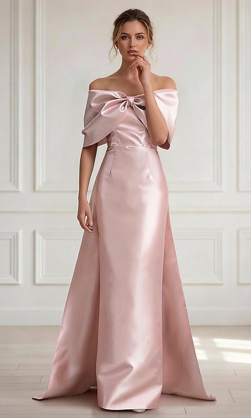 Sheath Column Floor Length Satin Dress Formal Dresses Evening Gown Ball Gown with Overskirt Formal Dress Elegant Vintage Glittering Sleeveless Off Shoulder Wedding Formal Satin with Bow(s) 2026 - 163.99 Sheath Column Floor Length Satin Dress Formal Dresses Evening Gown Ball Gown with Overskirt Formal Dress Elegant Vintage Glittering Sleeveless Off Shoulder Wedding Formal Satin with Bow(s) 2026 - 163.99