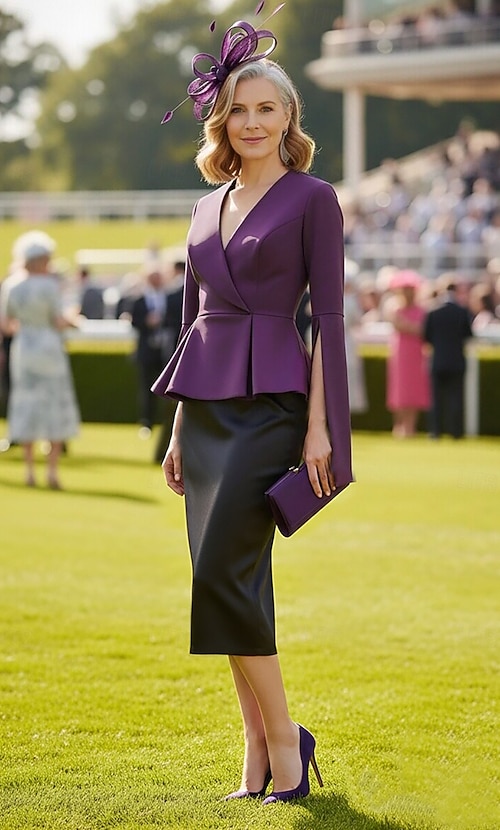long sleeve kentucky derby dress Two Piece Sheath Column Dress Tea Length Knee Length Derby Dress Mother of  the Bride Dress Long Sleeve V Neck Elegant Kentucky Derby with Ruching  Color Block 2026