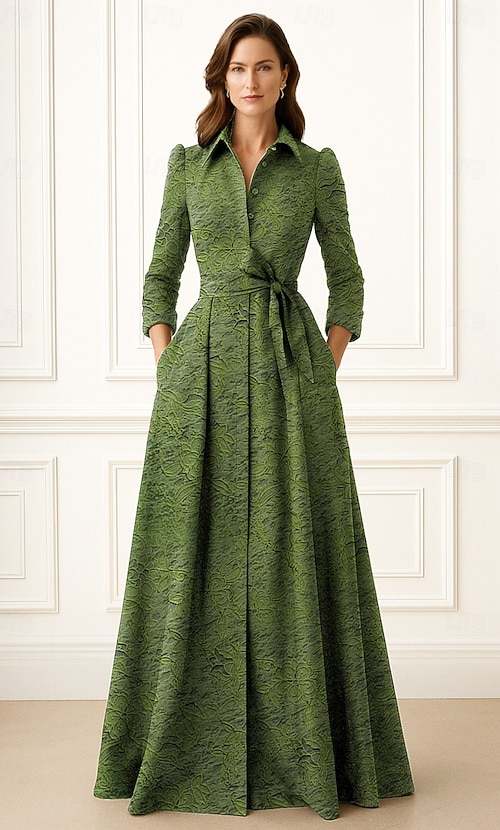 A-Line Floor Length Shirt Dress Wedding Guest Dress Formal Dresses Mother  of the Bride Dress Long Sleeve Bateau Neck Elegant Formal with Lace Sash /  Ribbon 2026 - $195.99