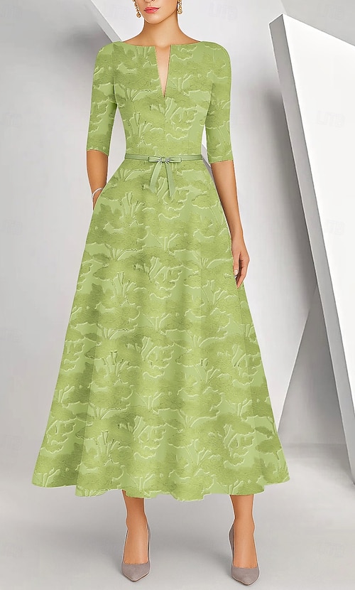A-Line Ankle Length Party Dress Cocktail Dress Wedding Guest Dress Mother  of the Bride Dress 3/4 Length Sleeve V Neck Shirt Collar Elegant Vintage  Formal Satin Jacquard with Lace Solid Color 2026 -