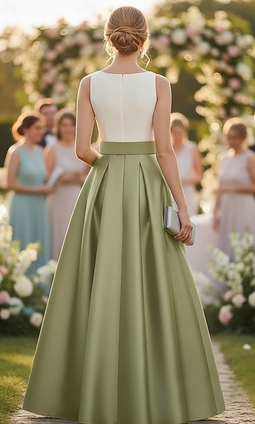 A-Line Floor Length Wedding Guest Dress Formal Dresses Evening Gown Mother  of the Bride Dress Sleeveless Bateau Neck Elegant High Split Formal Wedding  Guest Semi Formal Satin with Sash / Ribbon Pleats