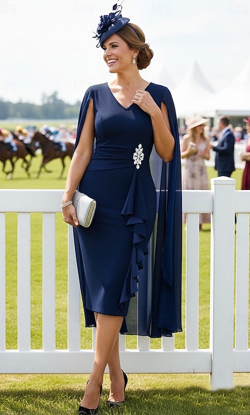 navy blue kentucky derby dress A-Line Tea Length Derby Dress Mother of the Bride Dress Long Sleeve Shirt Collar Elegant Vintage Simple Formal Kentucky Derby Taffeta with Bow(s) 2026