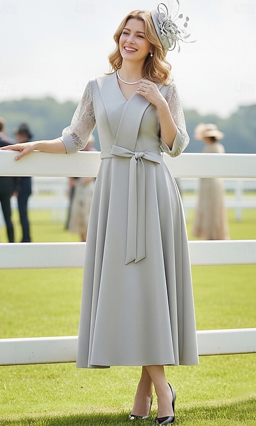 A-Line Ankle Length Derby Dress Mother of the Bride Dress 3/4 Length Sleeve  V Neck Lapel Elegant Kentucky Derby Stretch Crepe with Bow(s) 2026 - AU  $210.19