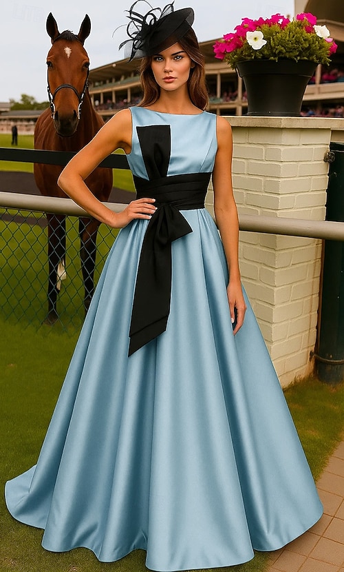 A-Line Floor Length Derby Dress Evening Gown Ball Gown Formal Dress Elegant  Sleeveless Boat Neck Kentucky Derby Pocket Stretch Satin with Bow(s) 2026 -  AED 679
