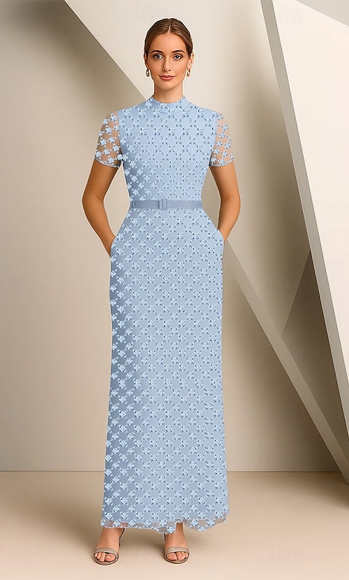Sheath Column Floor Length Beaded Eembroidered Formal Dresses Mother of the  Bride Dress Evening Gown Elegant Short Sleeve Mock Neck Wedding Formal Lace  with Beaded 2026 - 196.99