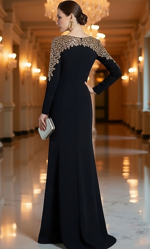 A-Line Floor Length Formal Dress Evening Gown Evening Gown Elegant Vintage Long Sleeve Crew Neck Evening Party Wedding with Crystals Beading
