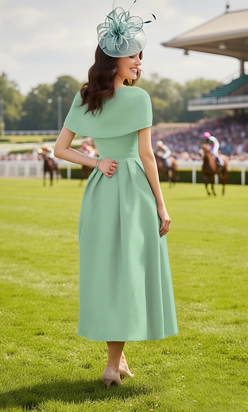A-Line Tea Length Derby Dress Mother of the Bride Dress Short Sleeve Cowl  Neck Elegant Vintage Kentucky Derby Satin with Ruching Solid Color 2026
