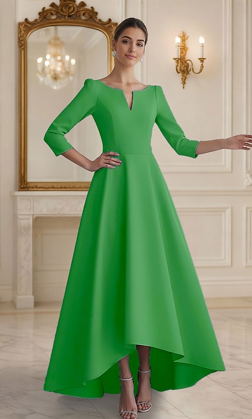 A-Line Asymmetrical Ankle Length Party Dress Cocktail Dress Wedding Guest  Dress Mother of the Bride Dress 3/4 Length Sleeve V Neck Elegant Vintage  Formal Stretch Satin with Flower Solid Color 2026 -