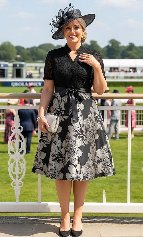 A-Line Knee Length Derby Dress Mother of the Bride Dress Short Sleeve V  Neck High Neck Elegant Hide Belly Kentucky Derby Satin Lace with Lace  Bow(s) Print 2026 - CHF151