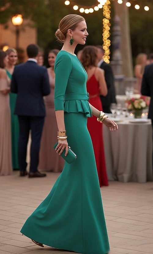 Sheath Column Floor Length Chiffon Formal Dress Elegant 3/4 Length Sleeve V  Neck Formal Wedding Guest Stretch Crepe with Pleats Strappy 2026 - $146.99
