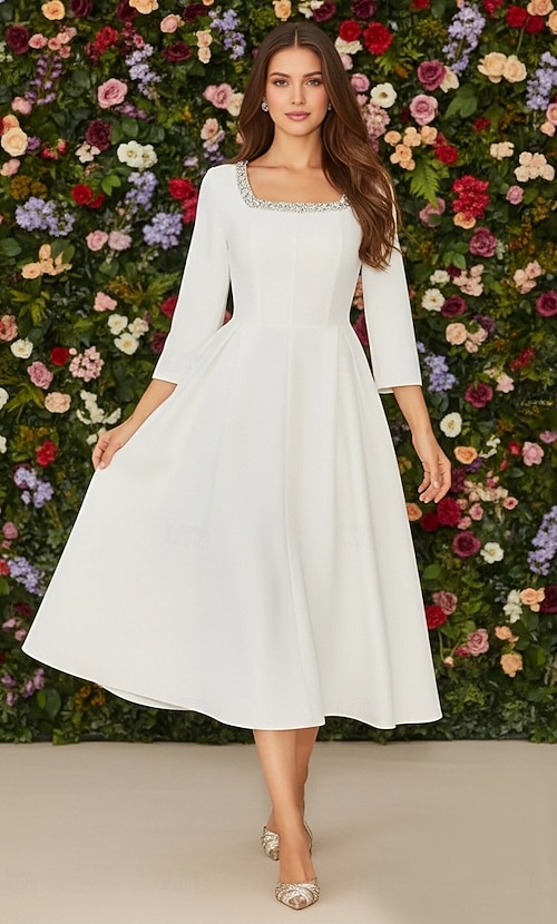 A-Line Tea Length Prom Dress Party Dress Cocktail Dress Bridal Shower Dresses  Bridal Gown Elegant Vintage Little White Dresses 3/4 Length Sleeve Scoop  Neck Graduation Birthday with Crystals 2026 - 129.99