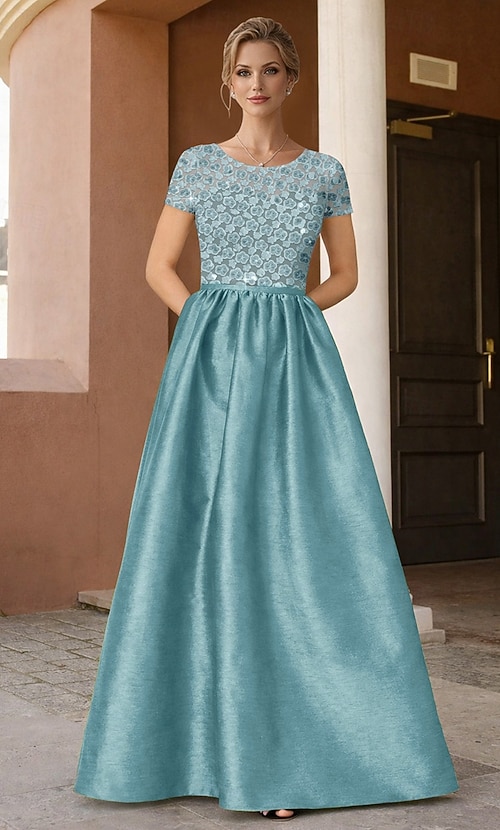 A-Line Floor Length Beaded Eembroidered Formal Dresses Mother of the Bride  Dress Evening Gown Elegant Embellished Semi-formal / Cocktail Short Sleeve  Scoop Neck Evening Party Wedding Taffeta with 2026 - $206.99