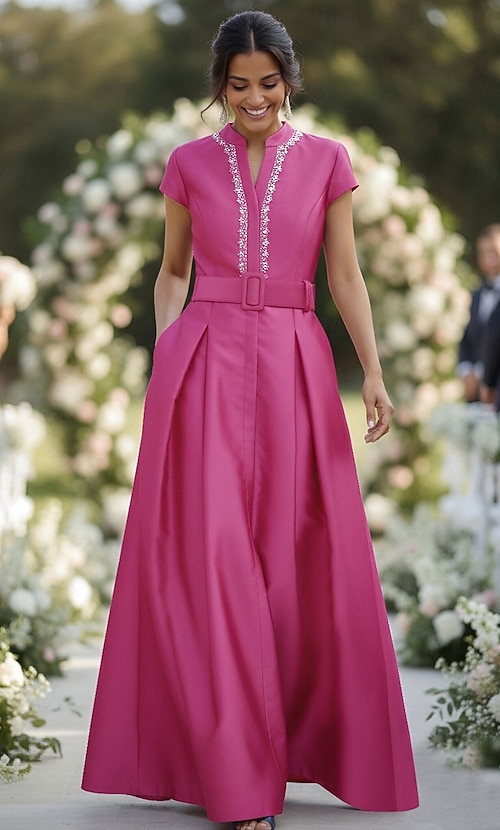 A-Line Floor Length Satin Dress Wedding Guest Dress Formal Dresses Mother  of the Bride Dress Short Sleeve High Neck Elegant Formal Wedding Guest Semi  Formal Satin with Sash / Ribbon Ruched 2026 -