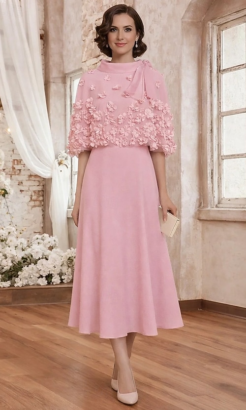 A-Line Dress Ankle Length Cocktail Dress Wedding Guest Dress Mother of the  Bride Dress Half Sleeve Boat Neck Elegant Vintage Formal Chiffon Shawls  with 3D Flowers Bow(s) 2026 - CAD $236.99