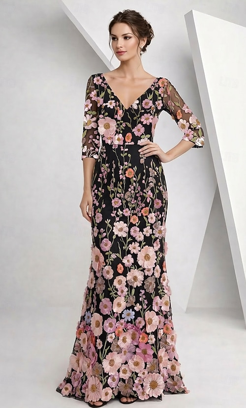 A-Line Floor Length Mother of the Bride Dress Half Sleeve V Neck Elegant Vintage Formal Lace Tulle with 3D Flowers Embroidery Flower 2026 - AU $324.89 A-Line Floor Length Mother of the Bride Dress Half Sleeve V Neck Elegant Vintage Formal Lace Tulle with 3D Flowers Embroidery Flower 2026 - AU $324.89