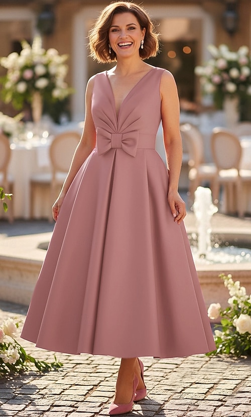 A-Line Ankle Length Party Dress Cocktail Dress Wedding Guest Dress Mother of the Bride Dress Sleeveless V Neck Elegant Vintage Formal Wedding Guest Cocktail Party Satin with Bow(s) 2026 - 135.99 A-Line Ankle Length Party Dress Cocktail Dress Wedding Guest Dress Mother of the Bride Dress Sleeveless V Neck Elegant Vintage Formal Wedding Guest Cocktail Party Satin with Bow(s) 2026 - 135.99