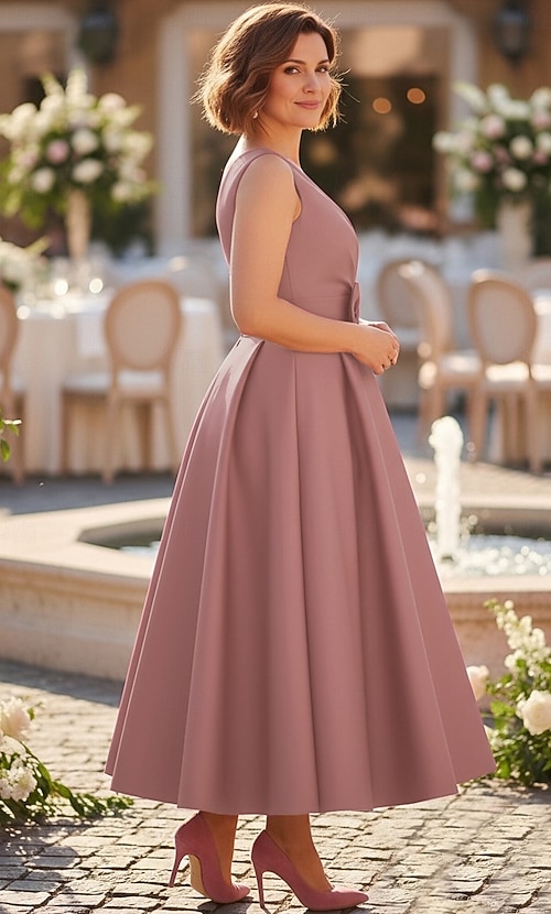 a line vintage cocktail dress Vintage Sleeved A-Line V-neck Satin Tea Length Wedding Dress, Diamond White / 6
