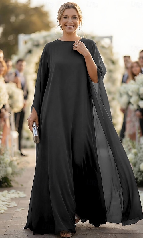 A-Line Sheath Column Floor Length Wedding Guest Dress Formal Dresses  Evening Gown Mother of the Bride Dress Long Sleeve Boat Neck Elegant Formal  Evening Chiffon with Solid Color 2026 - kr.1289