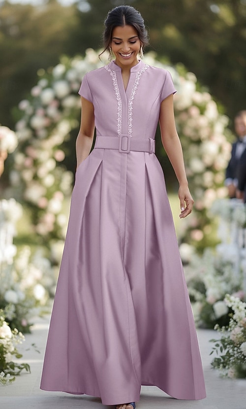 A-Line Floor Length Satin Dress Wedding Guest Dress Formal Dresses Mother of the Bride Dress Short Sleeve High Neck Elegant Formal Wedding Guest Semi Formal Satin with Sash / Ribbon Ruched 2026 - A-Line Floor Length Satin Dress Wedding Guest Dress Formal Dresses Mother of the Bride Dress Short Sleeve High Neck Elegant Formal Wedding Guest Semi Formal Satin with Sash / Ribbon Ruched 2026 -