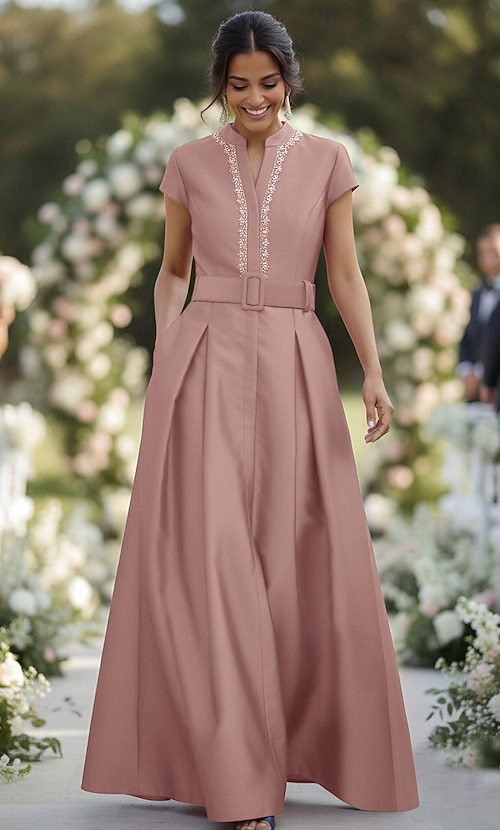 A-Line Floor Length Satin Dress Wedding Guest Dress Formal Dresses Mother  of the Bride Dress Short Sleeve High Neck Elegant Formal Wedding Guest Semi  Formal Satin with Sash / Ribbon Ruched 2026 -