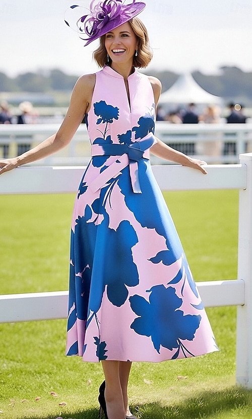 A-Line Ankle Length Tea Length Derby Dress Mother of the Bride Dress  Sleeveless V Neck High Neck Elegant Vintage Kentucky Derby Satin with  Flower Print 2026 - CHF151