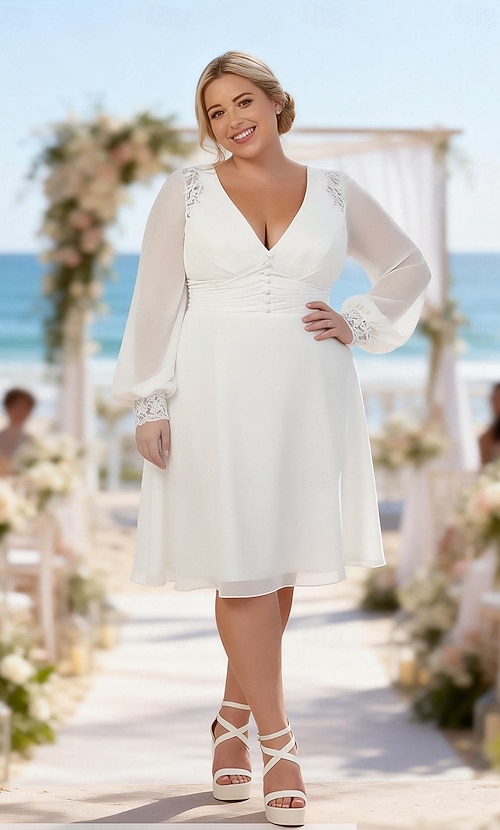 knee length plus size wedding dress A-Line White Dresses Bridal Shower Dresses Bridal Gown Elegant Little White Dresses Long Sleeve V Neck Wedding Graduation Chiffon with Lace Pleats Solid Color 2026 MerchFabric:STRETCH CREPE