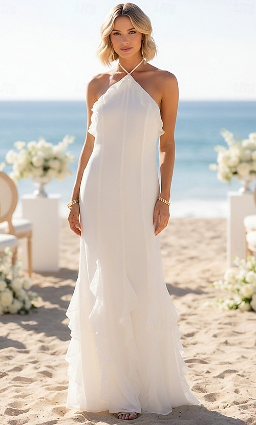 Sheath Column Floor Length White Dress Little White Dress Elegant Sleeveless Halter Neck Wedding Valentine s Day Backless with Ruffles