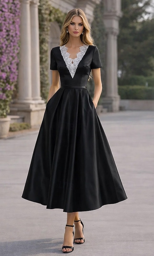 short sleeve garden party dress A-Line Ankle Length Tea Length Cocktail Dresses Elegant Vintage Floral Short Sleeve Off Shoulder Garden Party Wedding Pocket Satin Lace with Floral Print Embroidered Flower Embroidery 2026