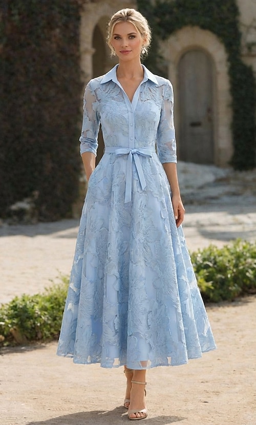 ankle length shirt dress A-Line Ankle Length Shirt Dress Formal Dresses Mother of the Bride Dress 3 4 Length Sleeve Shirt Collar Elegant Vintage Formal Jacquard with Bow(s)