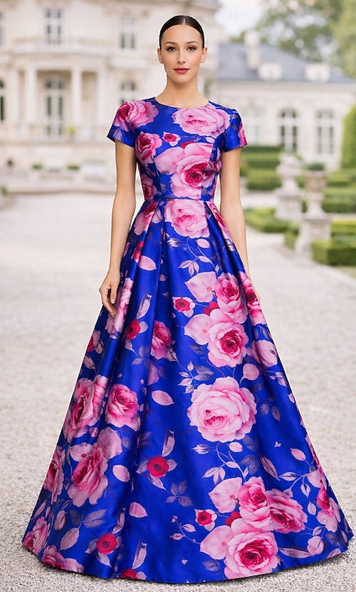 sachin and babi light blue dress A-Line Floor Length Ball Gown Formal Dress Elegant Floral Short Sleeve Crew  Neck Garden Party Wedding Pocket Satin with Floral Print Pocket 2026