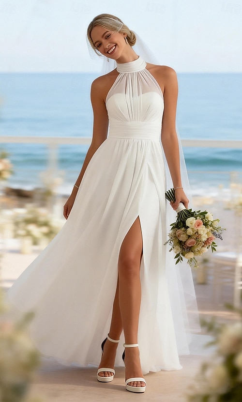 floor length white dresses for graduation A-Line Floor Length White Dress Wedding Dresses Bridal Shower Dresses  Bridal Gown Little White Dresses Sleeveless High Neck Graduation Birthday  with Pleats Solid Color 2026