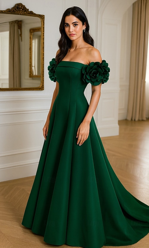 A-Line Floor Length Evening Gown Formal Dress Elegant Glittering Sleeveless Off  Shoulder Wedding Formal Capes Satin with Shouder Flower 2026 - CHF116